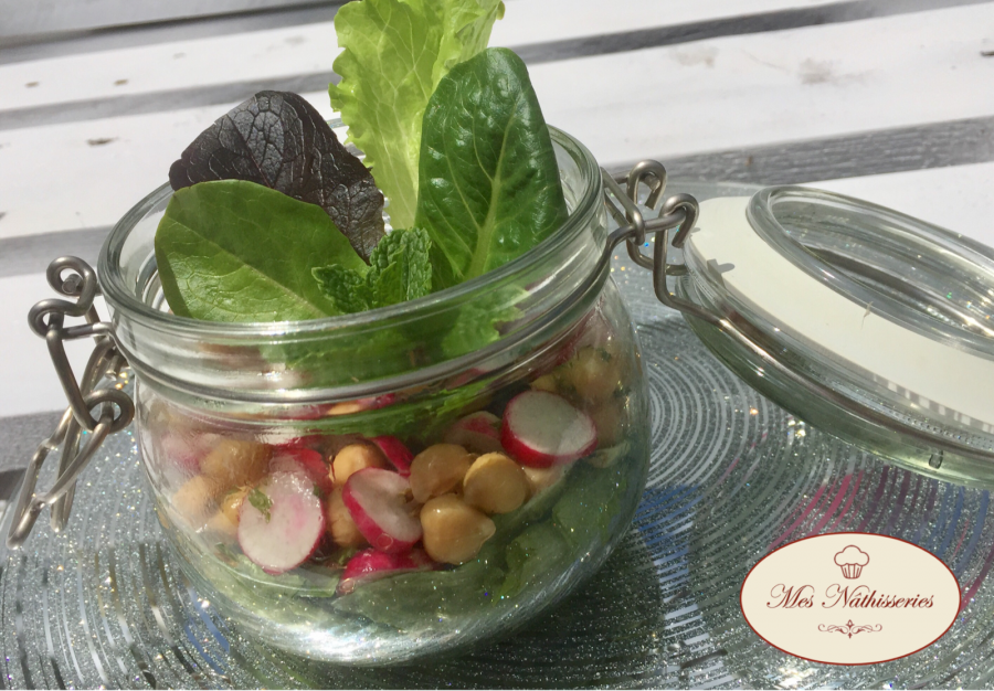 Salade en bocal pois-chiche, radis, cumin et menthe